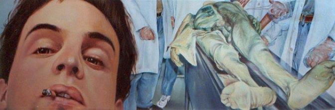 "Autorretrato con cadáver", óleo/tabla entelada, 45x100 cm